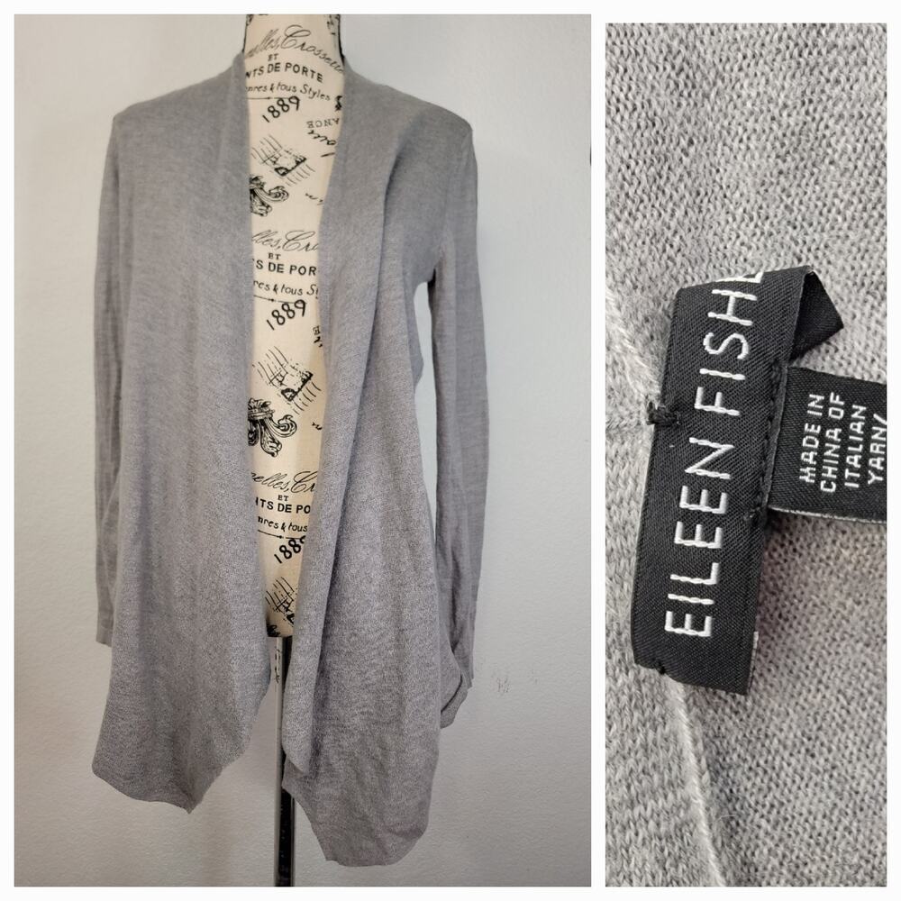 Eileen Fisher Open Cardigan Sz XXS Gray 100% Merino Wool Long Sleeves Coastal